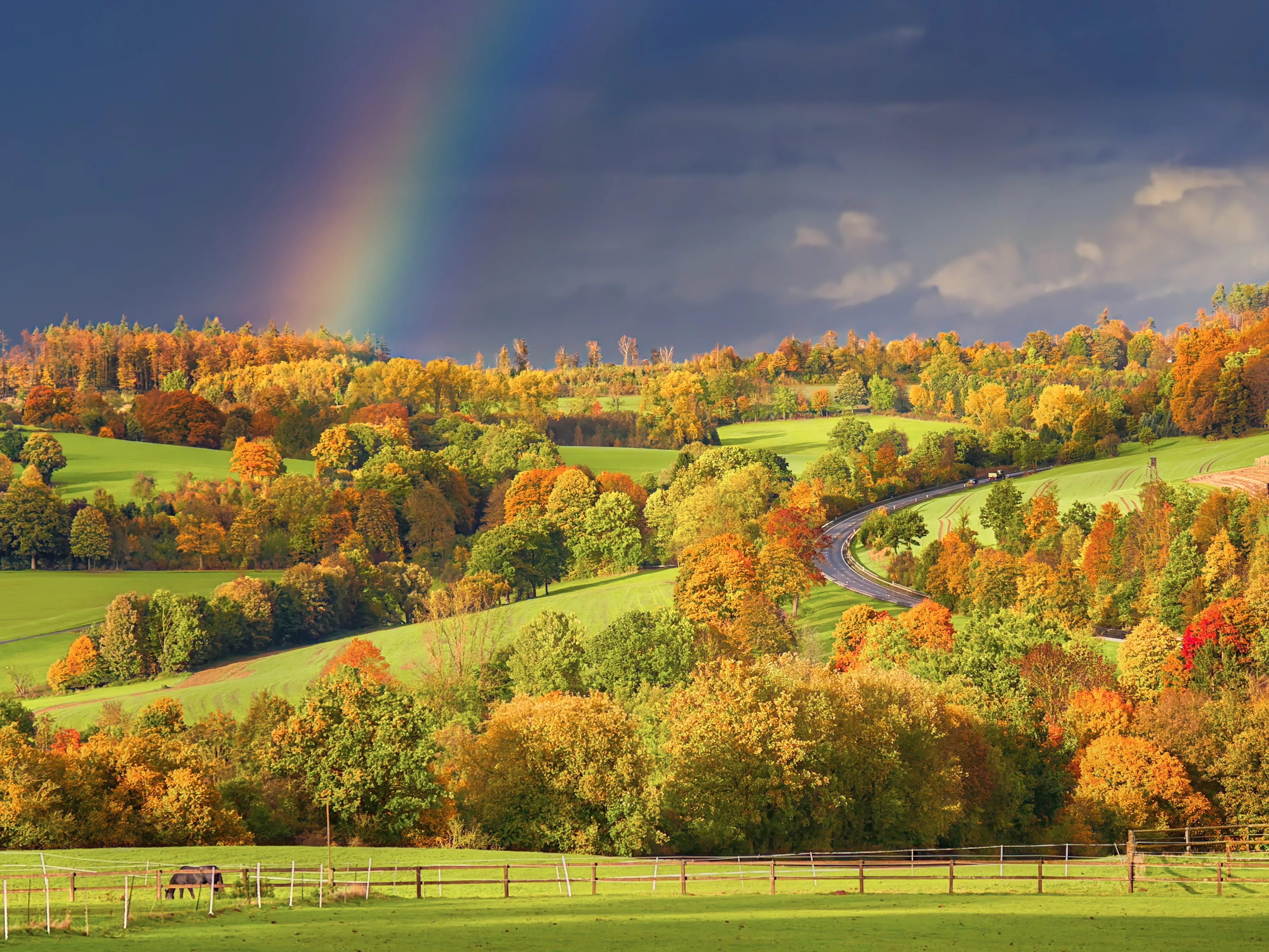 Regenbogen über herbstlich gefärbten Wäldern und Wiesen, eine kurvige Landstraße führt durch das Tal